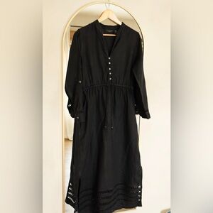 100% Linen Black Long Sleeve Dress